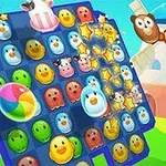 Színes, vidám emoji figurákból álló játékfelület csillagokkal és hátterében mesebeli tájjal