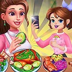 Két rajzfilmszerű nő ételeket tartalmazó asztalnál, egyikük fényképet készít egy okostelefonnal, miközben mosolyognak és ételt tartanak