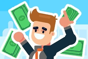 Fiatal animált figura mosolyog, miközben zöld bankjegyeket tart a kezében