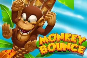 Rajzolt majom mosolyogva ugrik fel egy pálmafára, miközben a bal alsó sarokban színes betűkkel a Monkey Bounce felirat látható