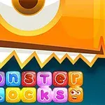 Színes, rajzfilm stílusú szörny arca egy szemmel és hegyes fogakkal, alatta monster blocks felirat színes betűkkel