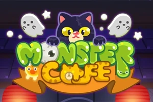 Rajzfilmstílusú macska és szellemek a színes Monster Cafe felirat körül, csillagokkal díszítve