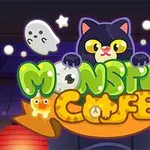 Rajzfilmstílusú macska és szellemek a színes Monster Cafe felirat körül, csillagokkal díszítve
