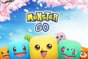 Rajzfilmszerű, színes, kerek szemű lények vidám arckifejezésekkel, háttérben cseresznyefa virágokkal és kék égbolttal