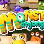 Színes szörnyek veszik körül a Monster Mahjong feliratot, amely nagy, rajzfilmszerű betűkkel van megjelenítve