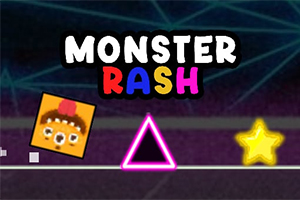 Egy színes, stilizált képen egy szörny arccal ellátott négyzet, rózsaszín háromszög és egy sárga csillag látható, a háttérben pedig a Monster Rash felirat