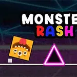 Egy színes, stilizált képen egy szörny arccal ellátott négyzet, rózsaszín háromszög és egy sárga csillag látható, a háttérben pedig a Monster Rash felirat