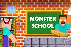 Egy szögletes karakterekkel teli tanterem, a zöld táblán Monster School felirattal, amelyet egy tégla fal és könyvespolc vesz körül