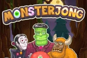 Három szörny, köztük egy vámpír, egy Frankenstein-szerű figura és egy kürtös lény, egy erdei háttérrel és MONSTERJONG felirattal
