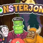 Három szörny, köztük egy vámpír, egy Frankenstein-szerű figura és egy kürtös lény, egy erdei háttérrel és MONSTERJONG felirattal