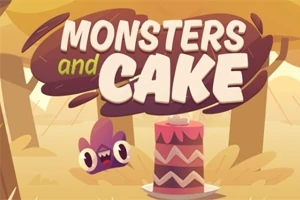 Rajzfilmszerű kép egy tortáról, mellette egy nagy szemű, lila szörnyeteg van, a háttérben pedig a Monsters and Cake felirat látható