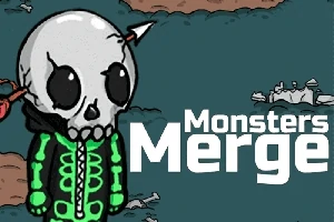 Egy koponyás maszkot viselő figura zöld pulóverben, mellette a Monsters Merge felirat