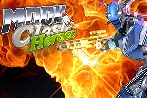 Egy futurisztikus, páncélozott figura látható lángoló háttér előtt, a bal felső sarokban a Moon Clash Heroes szöveggel