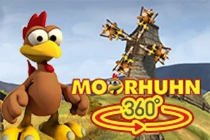 Rajzolt kakas áll egy dombos tájon, háttérben egy szélmalom és a Moorhuhn 360° felirat