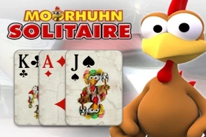 Rajzfilmes csirke karakter három francia kártyalappal (kőr Ász, pikk Bubi, treff Király) a „Moorhuhn Solitaire” felirat előtt