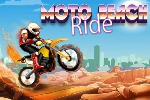 Egy motoros sárga motorral ugrat homokos pályán, háttérben felhőkarcolók és kék égbolt