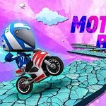 Egy rajzfilmszerű motoros kanyarodik egy repedezett kék pályán lila háttér előtt, MOTO BOSS felirattal