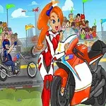 Egy rajzolt versenyjelenet motorosokkal, színes tömeggel és háttérben lebegő zászlókkal
