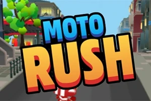 Egy piros-fehér sisakos motoros egy városi úton, fákkal és épületekkel, nagy színes MOTO RUSH felirattal az előtérben
