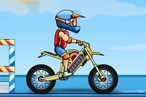 Egy rajzolt motoros, aki sisakot visel, sárga terepmotoron halad kék felhők előtti háttérrel