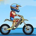 Egy rajzolt motoros, aki sisakot visel, sárga terepmotoron halad kék felhők előtti háttérrel