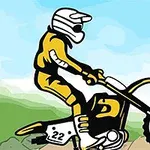 Egy sárga motocross motoros fehér sisakban motorozik egy egykerekező pózban, kék ég és zöld háttér előtt