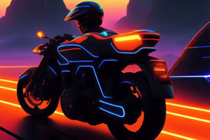Futurisztikus motor és motoros neonfényes, éjszakai környezetben