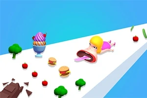 Színes, rajzfilmszerű jelenet egy úton hasaló figurával, körülötte hamburgerek, fagylalt, és zöldségek