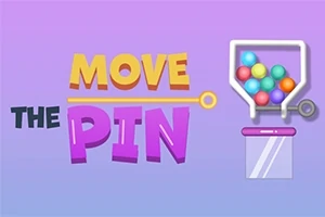 Színes golyók egy tartályban, mellette a MOVE THE PIN felirat lila háttérrel