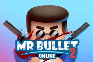 Rajzfilmszerű férfi karakter napszemüvegben és két pisztollyal, vérnyomokkal a háttérben, MR BULLET 2 ONLINE felirattal