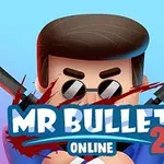 Rajzfilmszerű férfi karakter napszemüvegben és két pisztollyal, vérnyomokkal a háttérben, MR BULLET 2 ONLINE felirattal