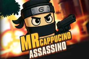 Egy rajzfilmszerű figura fejpánttal és pisztollyal, a háttérben narancssárga fényekkel, a Mr Cappucino Assassino felirattal