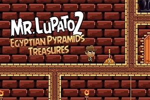 Rajzfilmszerű karakter kalapban egy téglafalú labirintusban, mellette egy kart húzva az Mr