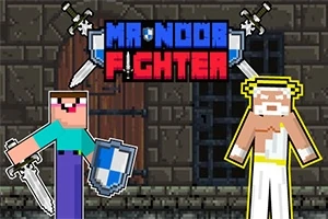 Két pixeles figura karddal és pajzzsal egy sötét fal előtt, felettük Mr Noob Fighter felirat