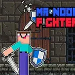 Két pixeles figura karddal és pajzzsal egy sötét fal előtt, felettük Mr Noob Fighter felirat
