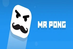 Fehér, kocka alakú arc fekete bajusszal és szempillákkal kék háttér előtt, mellette a MR PONG felirat