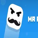 Fehér, kocka alakú arc fekete bajusszal és szempillákkal kék háttér előtt, mellette a MR PONG felirat