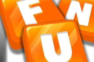 Három narancssárga játékkocka, melyek betűkkel „F”, „U” és „N” vannak ellátva