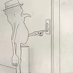Egy karcsú, kalapos alak megnyom egy gombot egy falon