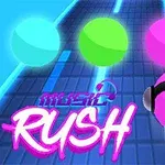 Három színes gömb egy kék színű úton, az egyik gömb fejhallgatót visel, alatta a Music Rush felirat
