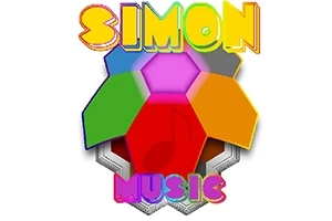 Színes hatszögletű panelek alkotnak egy formát, fölöttük és alattuk a SIMON MUSIC felirat található élénk színekkel