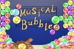 A képen színes, zenei szimbólumokkal ellátott buborékok és fogaskerekek láthatók egy kék háttér előtt, középen a Musical Bubble felirattal
