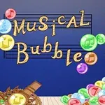 A képen színes, zenei szimbólumokkal ellátott buborékok és fogaskerekek láthatók egy kék háttér előtt, középen a Musical Bubble felirattal