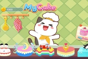 Egy boldog macska séf sapkában áll különböző, színes torták előtt egy konyhában, a háttérben MyCake felirattal