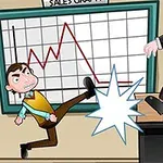 Egy rajzfilmszerű jelenet, amelyen egy fiatal férfi megpróbálja kirúgni egy idősebb férfit egy asztalnál, háttérben egy zuhanó eladási grafikon látható