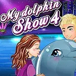 Fiatal pár egy vidám delfinnel a háttérben éjszakai városi fényekkel