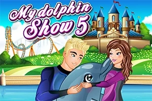 Egy szőke férfi és egy barna hajú nő egy delfint ölel a vidámpark hátterével
