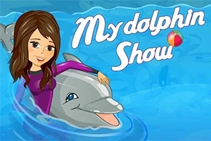 Lány delfinnel úszik, miközben a My Dolphin Show cím látható mellette, kék víz háttérrel