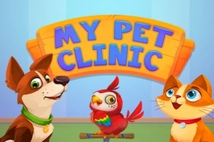Kutya, papagáj és cica mosolygós arcokkal egy „My Pet Clinic” felirat előtt