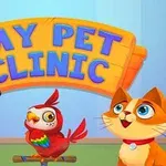 Kutya, papagáj és cica mosolygós arcokkal egy „My Pet Clinic” felirat előtt